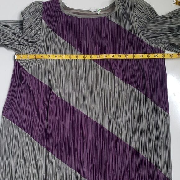 VINTAGE purple and silver gray Stripped balloon sleeves Crinkled Dress - Picture 6 of 9